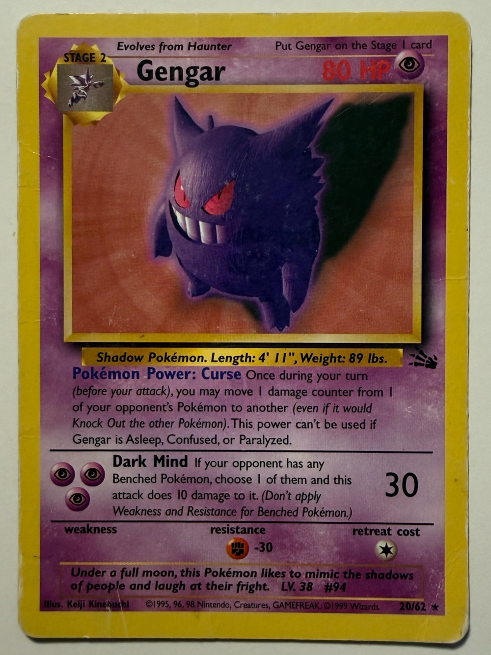 Original 1999 Gengar Pokemon Card - RARE